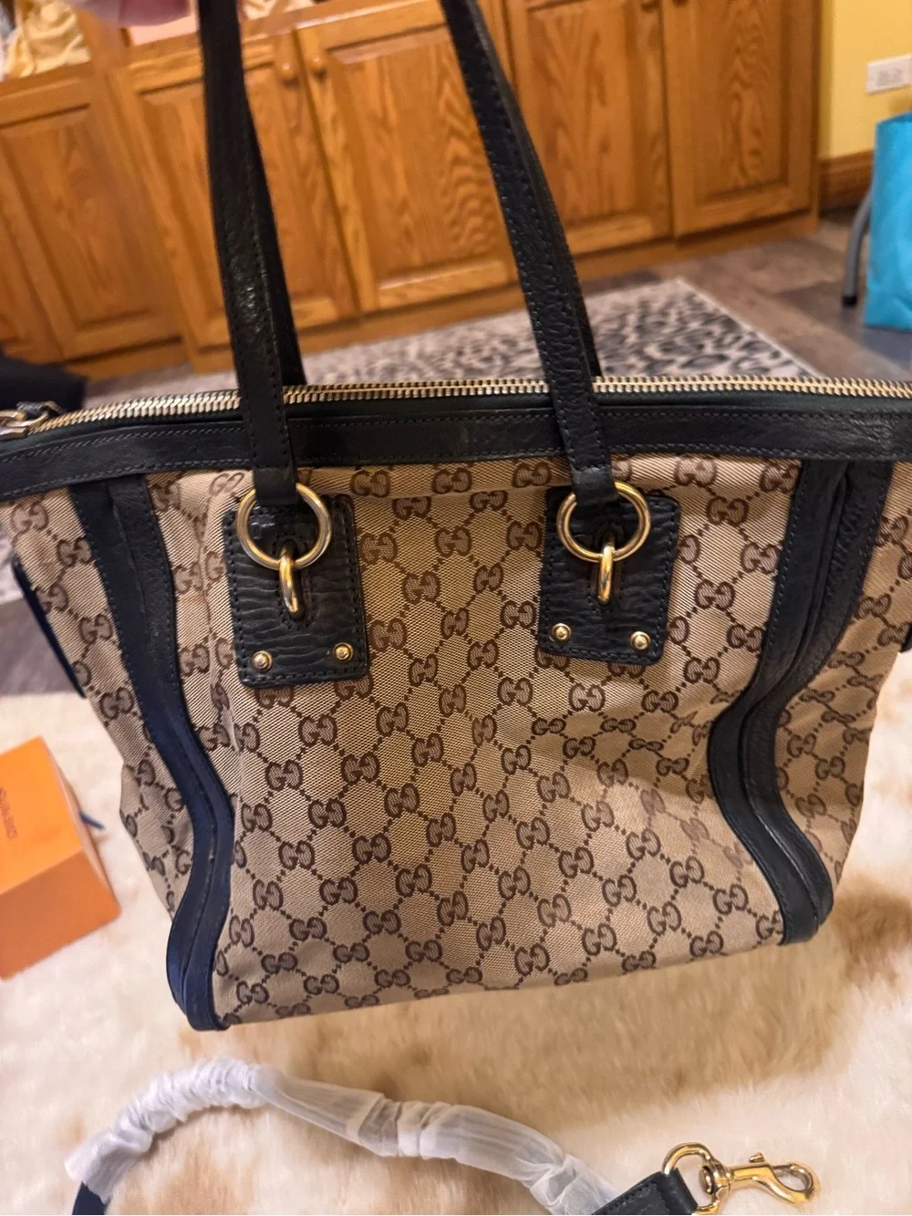 Gucci Brown GG Canvas Tote with Black Leather Trim with COA